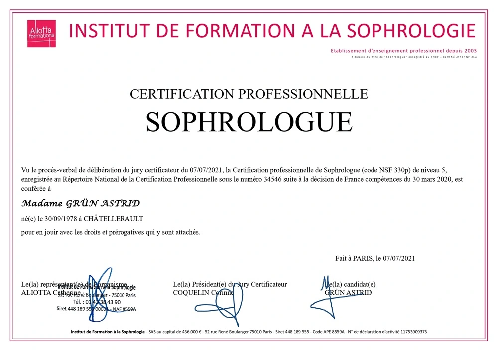 Astrid Grün, certification professionnelle Sophrologue